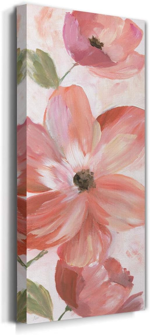 Renditions Gallery Canvas Floral Wall Art Home Paintings & Prints Pink Blooming Flowers Glam Modern Botanical Vibrant Decorations Artwork for Bedroom Office Kitchen - 8"x16" LT43