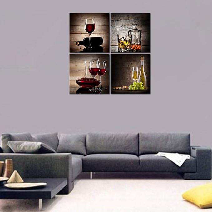Wieco Art Red Wine Cups Large Modern 4 Panels Gallery Wrapped Abstract Giclee Canvas Prints Artwork Contemporary Vintage Pictures Paintings on Canvas Wall Art for Living Room Home Decor