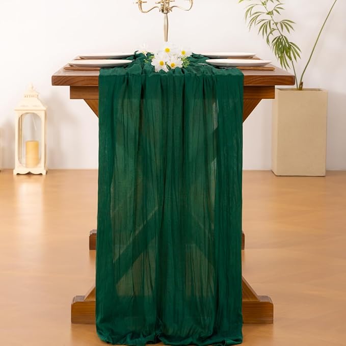 Cheesecloth Table Runner Fall Boho Wedding Birthday Party Home Decor | Emerald Green 2pcs Rustic Gauze 10FT Cheese Cloth Sheer Farmhouse Runner for Baby Shower Bridal Holiday Decorations