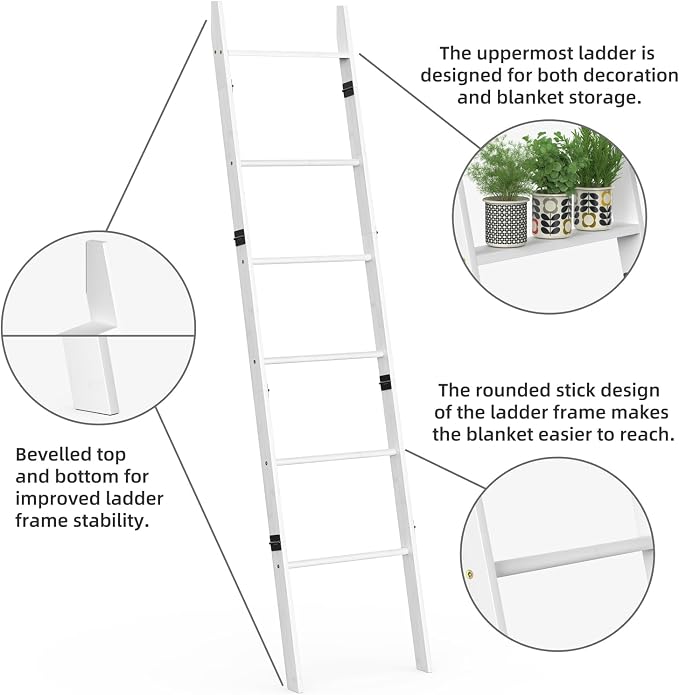 BAMBANG 6-Tier Blanket Ladder for Living Room, Blanket Quilt Ladder Rack Rustic Decorative Towel Holder, Wall Leaning Blanket Ladder Shelf Storage Farmhouse Decor for Bedroom Bathroom, White