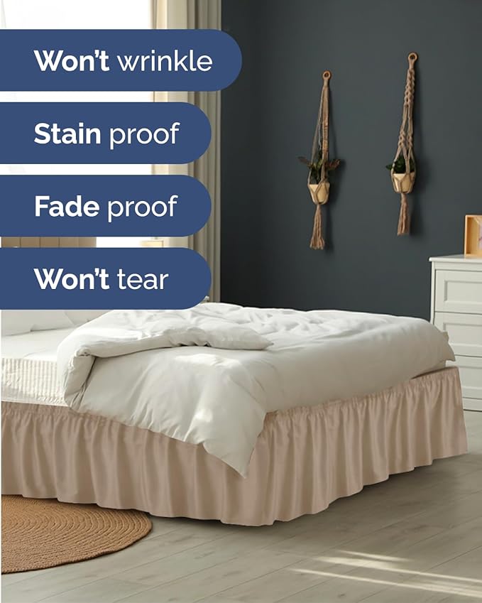 Wrap Around Dust Ruffle Bed Skirt, Queen Size Beds - 18 Inch Drop, Cream | Easy Fit Elastic Strap, Adjustable Pleated Bedskirt w/Brushed Fabric, Wrinkle & Fade Free, for Women, Men, Kids & Teens