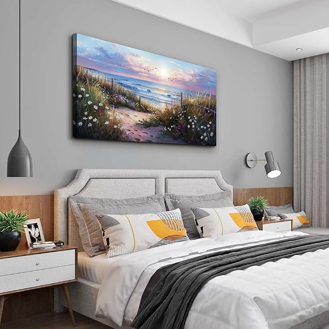 hyidecorart Canvas Wall Art For Living Room Wall DecorFor Bedroom Flower Beach Scenery Wall Painting Blue Ocean Pictures Artwork Office Decor Modern Framed Posters Home Decorations 20"X40"