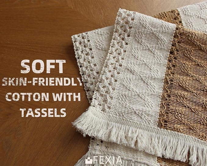 FEXIA Boho Placemats Set of 6, Macrame Table Mats Farmhouse Dining Decor | 12x20" Woven Burlap Place Mat with Tassel for Kitchen and Dining Table Centerpiece Home Decorations Rustic Boho Kitchen Decor
