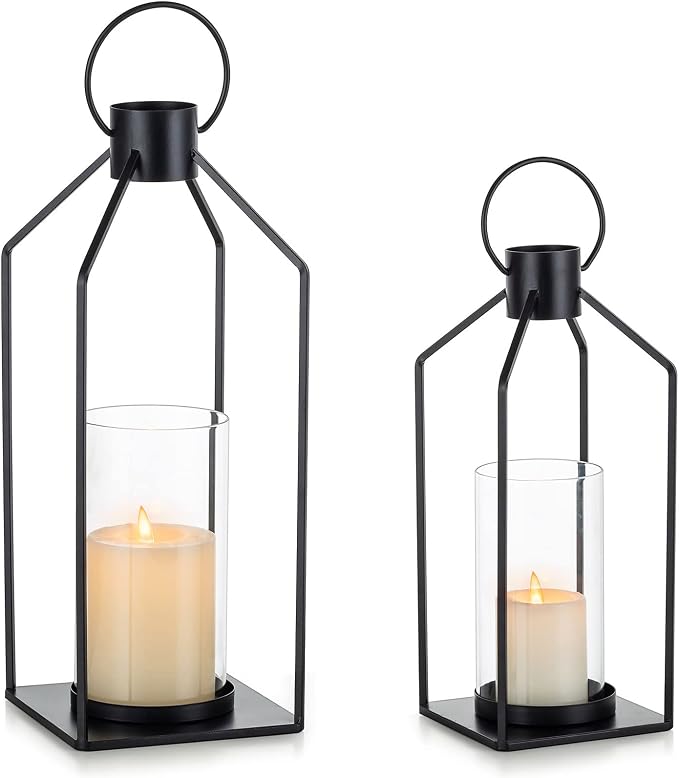 NUPTIO Decorative Lantern Candle Holder: Black Lantern with Hurricane Glass | Hanging Lanterns Decor 2 Pcs for Outdoor, Farmhouse Pillar Stand for Halloween Christmas Wedding Home Fireplace