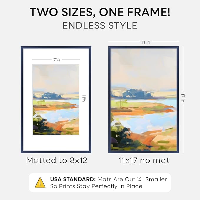 Homeforia 11x17 Blue Picture Frame, High-End Metal, 8x12 Mat, Glass