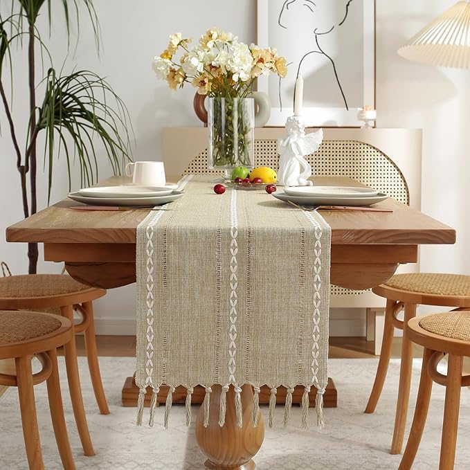 Wracra Rustic Linen Table Runner, Coffee Table Runners 48 inches Long | Raised Embroidered Hollow Design and Hand-Tassels;Cotton Linen Woven Fabric; Farmhouse Table Runner;Home Dining Decor