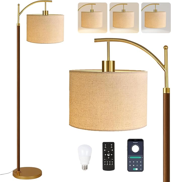 ILLMTW Wood Floor Lamp for Living Room,Bedroom,Vintage Mid Century Modern Standing Lamp with Remote Dimmable,Arc Boho Gold Tall Lamp Fabric Lamp Shade Floor Lights Bohemian Tiffany Style