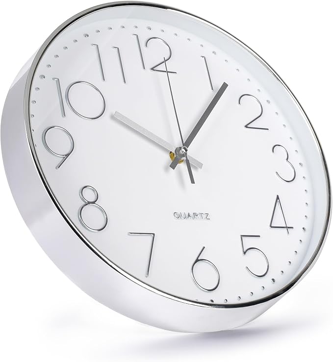 Wall Clock 12 Inch Non-Ticking Silent Modern Simple Style Round Decor Clock Silver Stereoscopic Dial Quartz Wall Clocks for Home/Office/School/Living Room/Bedroom/Kitchen