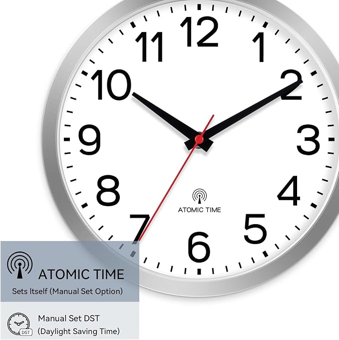 AKCISOT 12 Inch Wall Clock, Silent Battery Operated Analog Clock, Silver | Atomic | Office | Kitchen | Living Room | Classroom | Easy-to-read Numbers
