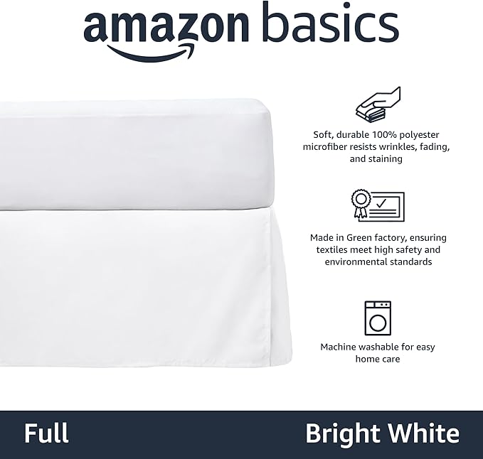 Amazon Basics Lightweight Pleated Dust Ruffle Bed Skirt, Full, Bright White, Wrinkle and Fade Resistant, Machine Washable, Polyester (Pack of 8)