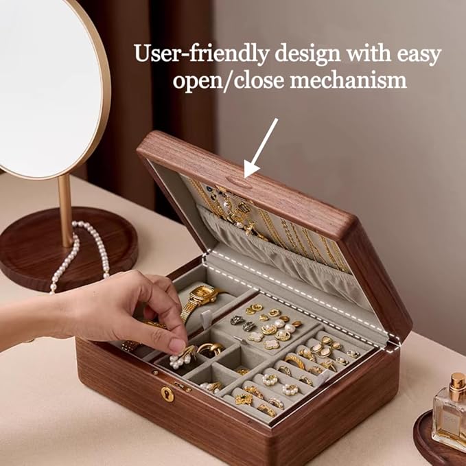 Bescott 2 Layer Solid Black Walnut Wooden Jewelry Box with Lock and Key for Women Wood Vintage Organizer for Men Earrings Rings Necklaces Bracelet Watch Storage