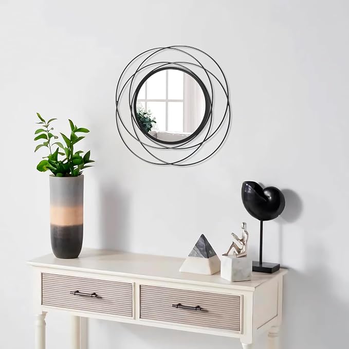 Wall Mirror Mounted Black Small Round Decorative Mirrors, Circle Metal Art Mirror Home for Bathroom Vanity, Living Room or Bedroom 12” x 12”