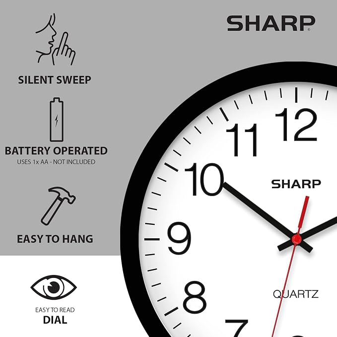 Sharp Wall Clock – Black, Silent Non Ticking 12 Inch Quality Quartz Battery Operated Round Easy to Read Home/Kitchen/Office/Classroom/School Clocks, Sweep Movement (Pack of 4)