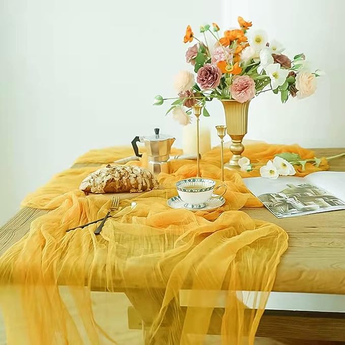 Yellow Cheesecloth Table Runner Cheese Cloth Wedding Birthday Party Decor | 10Ft Summer Rustic Boho Gauze Farmhouse Bridal Baby Shower Holiday Dining Tea Party Home Table Decorations