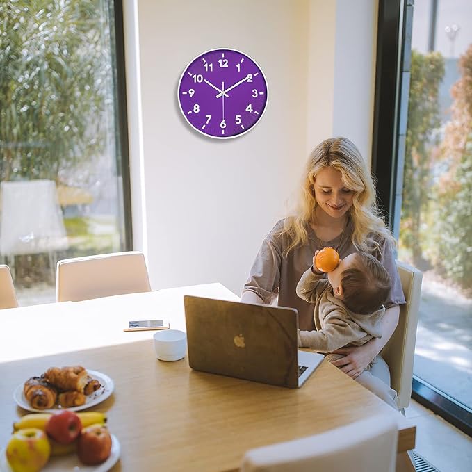 JENLYSTIME 12 Inch Modern Indoor Outdoor Clock,Round Bright Colorful Dial,Non Ticking Silent Quartz Battery Operated Wall Clocks,Easy to Read Simple Style Decor Clock for Bedroom,Kitchen(Purple)