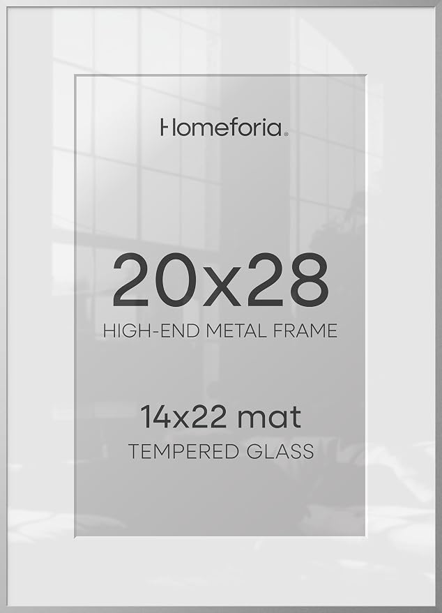 Homeforia 20x28 Silver Picture Frame, High-End Metal, 14x22 Mat, Glass