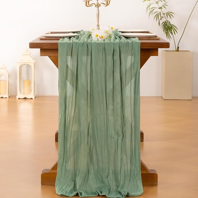 Cheesecloth Table Runner Fall Boho Wedding Birthday Party Home Decor | Sage Green 2pcs Rustic Gauze 10FT Cheese Cloth Sheer Farmhouse Dining Runner for Baby Shower Bridal Holiday Decorations