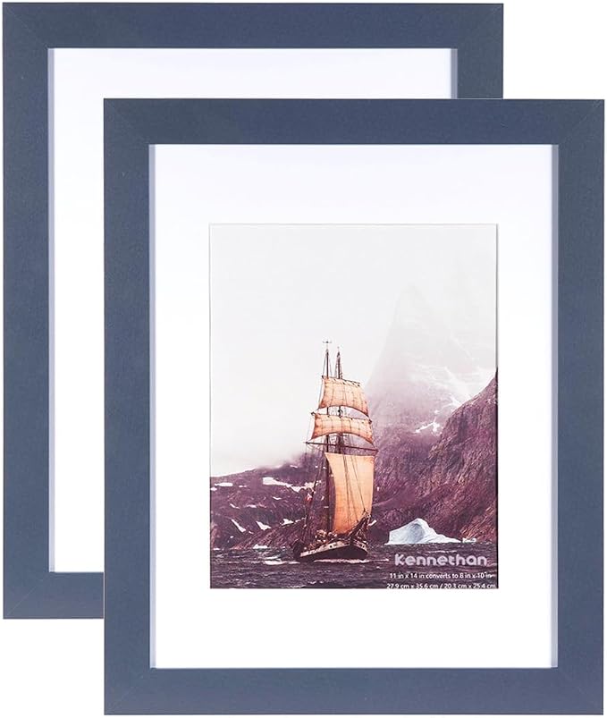 ennethan 11x14 Picture Frame Navy Blue 2 Pcs in 1 set Wooden Frame can Display 8x10 Picture with Mat for home decoration,holiday gift