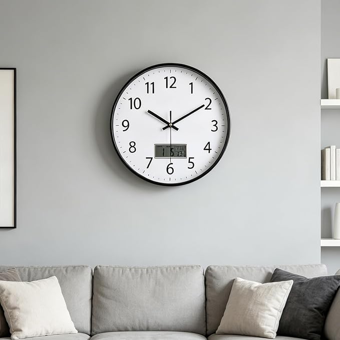 SIN&MI Wall Clock 12 Inch LCD Display Number Frame Glass Cover Non-Ticking Number Quartz Wall Clock Modern Quartz Design Decorative Indoor/Kitchen White