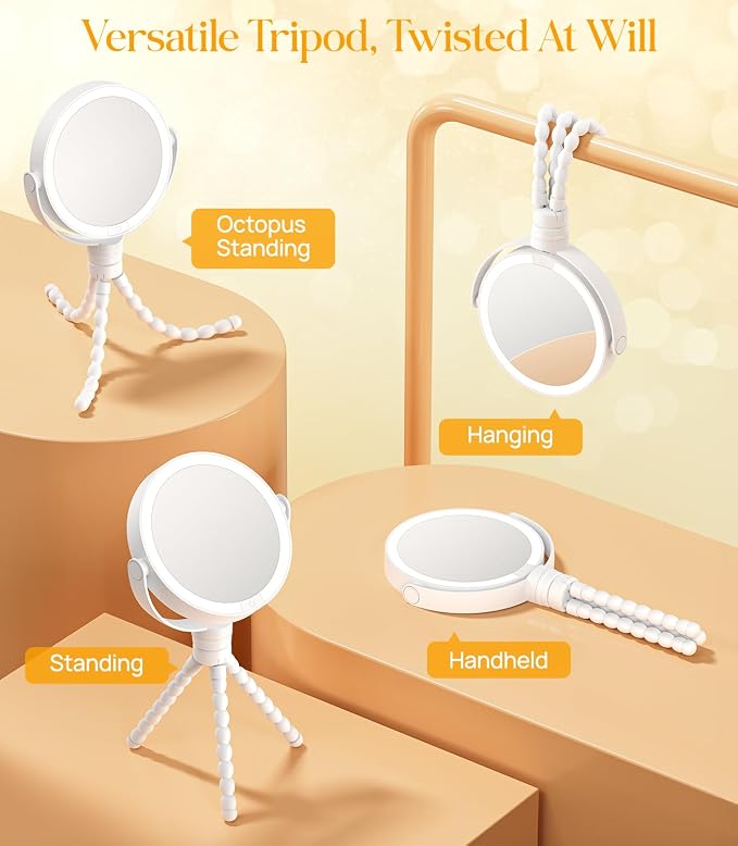 Gospire 5.85” Tripod Travel Makeup Mirror with Light and Magnification | 4 In 1, Winding Hanging Handheld Tabletop, 3 Light Colors, 1X/10X