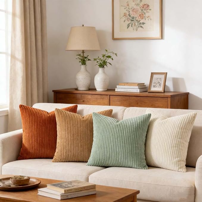 LANANAS Decorative Corduroy Throw Pillow Covers 20x20 Inch Teal-Orange | Set of 4 Neutral Couch Farmhouse Boho Throw Pillows for Living Room, Couch, Bed, Sofa Soft Accent Home Decor