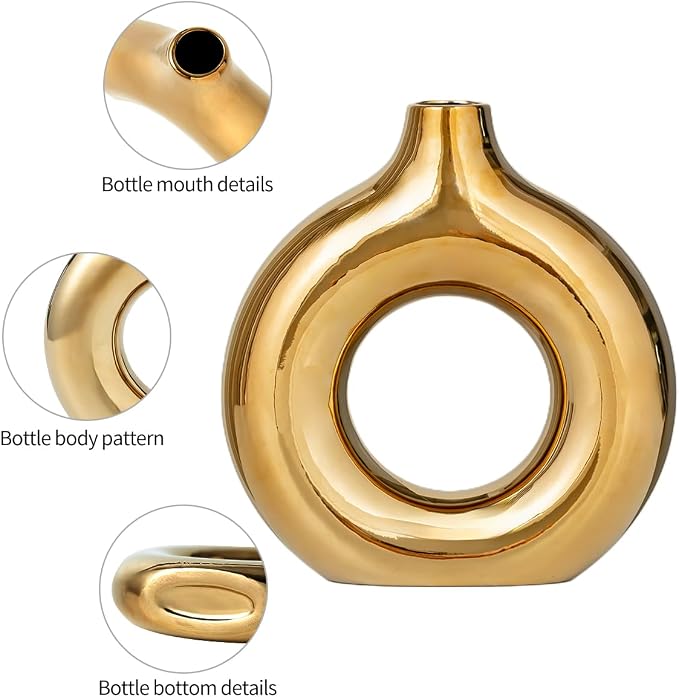 White and Gold Donut Vase, Modern Ceramic Vase for Pampas Grass, Perfect Centerpiece for Weddings, Living Room, and Office Decor (Full Gold, L)