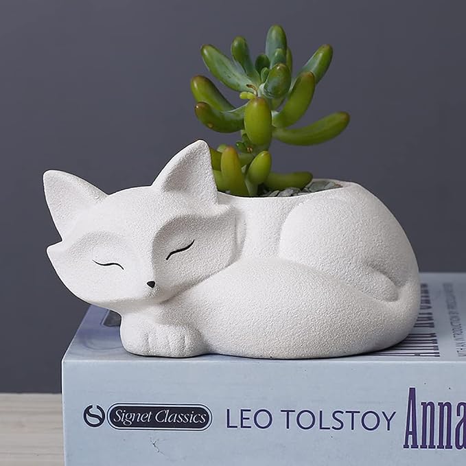 Gemseek Cute White Ceramic Fox Succulent Planter Pot with Drainage Tray