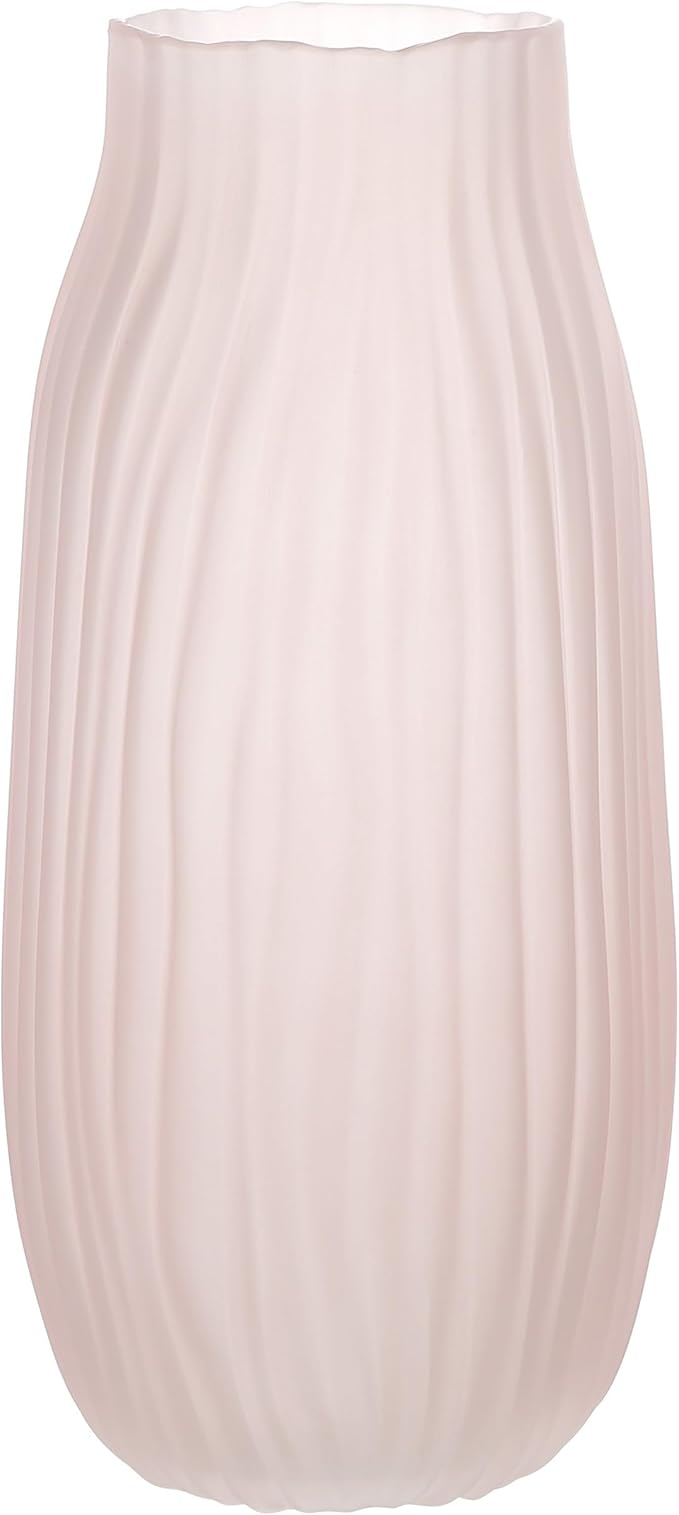 Large Ribbed Glass Vase 12in Frosted Pink Elegant Decorative Vases for Home Flowers Arrangements, Centerpieces, and Modern Décor