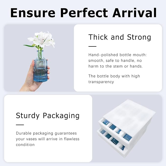 SUPMIND 16P Blue Glass Bud Vases, Small Flower Vases for Table Centerpieces | Cute Mini Vintage Vases in Bulk for Wedding Decoration, Baby Shower, Home Decor, Table Centerpieces
