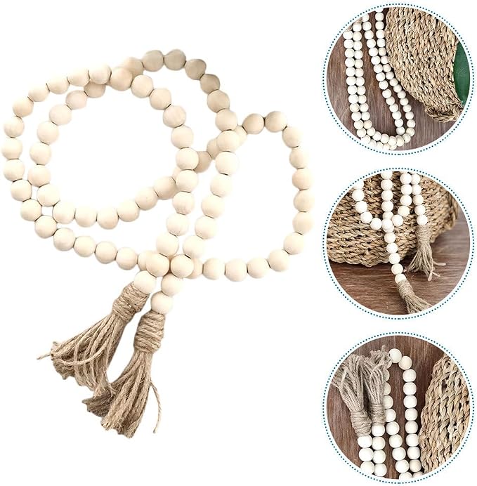 Vosarea Wood Bead Garland Rustic Farmhouse Beads with Tassel Home Wall Hanging Prayer Beads Decor Beads Wooden