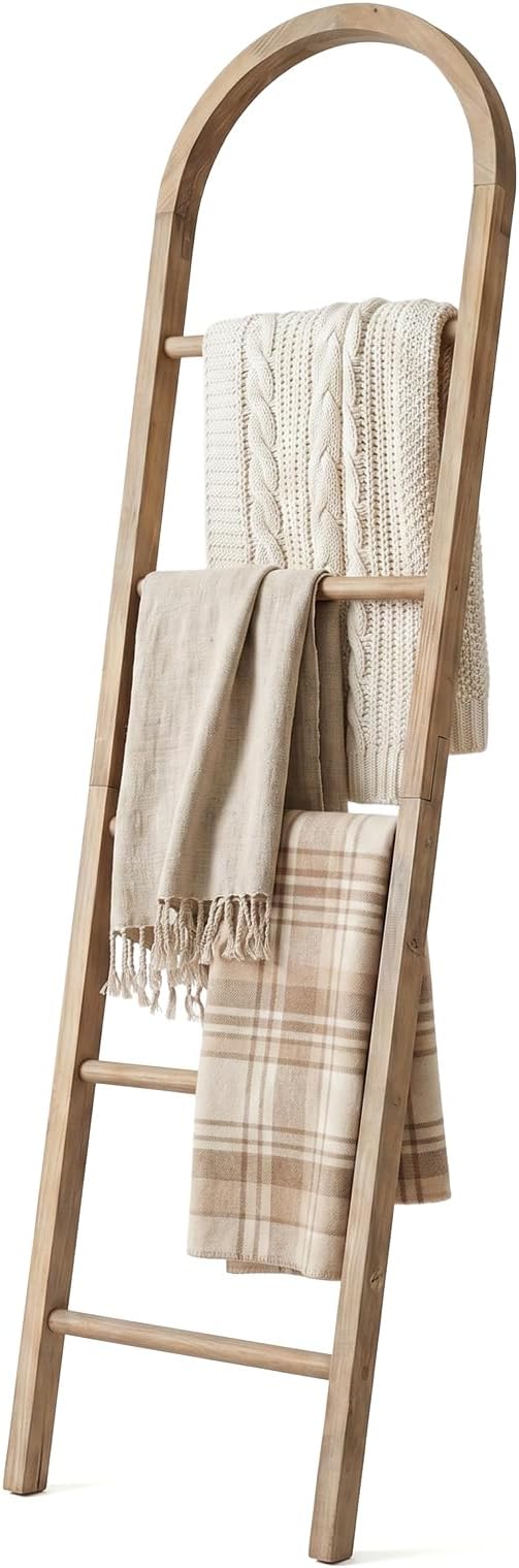 Wooden Blanket Ladder - Natural & Motley Wood - Leaning Wall Decor for Bedroom, Bathroom, Living Room - Rustic Quilt Holder & Towel Rack (Brown-Curved, 76in（5-Tier）)
