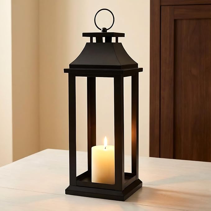 Modern Farmhouse Black Lantern Candle Holder – 18” Hanging Decorative Lantern for Indoor & Outdoor Home Décor – Ideal for Parties, Weddings, Porches, and Events (No Glass Panel), Size Medium