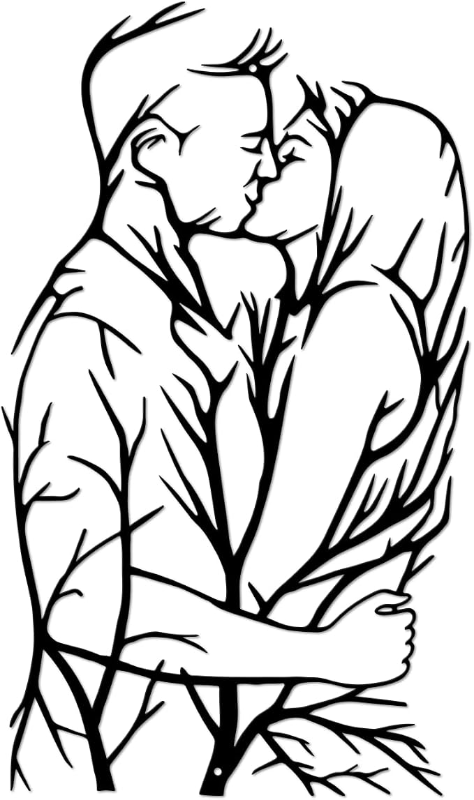 DUOOLN Metal Couple Wall Art, Life Tree Decorations Lovers Bedroom Decor. | Kissing Silhouettes Pictures|Minimalist Romantic Sculpture |Home Office Headboard Bathroom Ornaments|Black 43x25cm