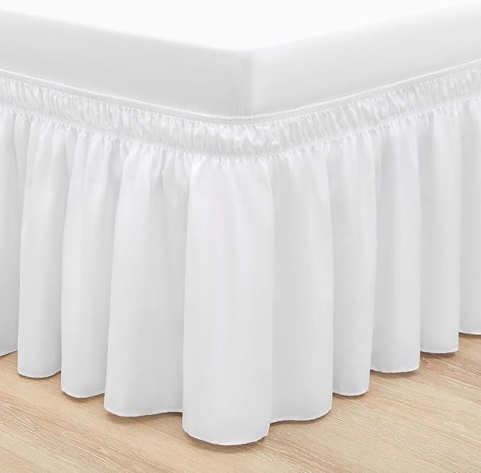White Bed Skirt Twin Size 15 Inch Drop, Elastic Wrap Around Bedskirt | Solid Ruffled, Easy to Use, No Mattress Lifting, Wrinkle & Fade Resistant, with Adhesive Strips, Machine Wash/Dry/Iron