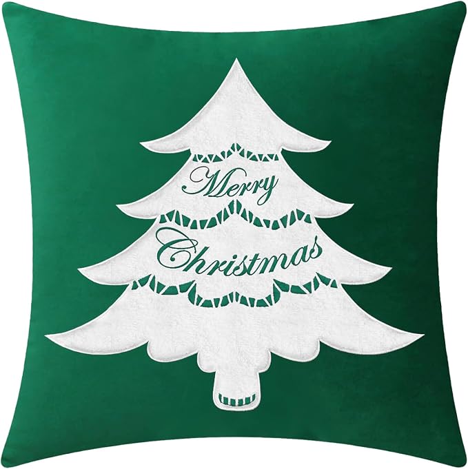 BRAWARM Christmas Pillow Cover 20 X 20 Inches, Christmas Green Christmas Tree Embroidered Pillow Cover, Soft Velvet Decorative Throw Pillow for Couch Bed Sofa Living Room Home