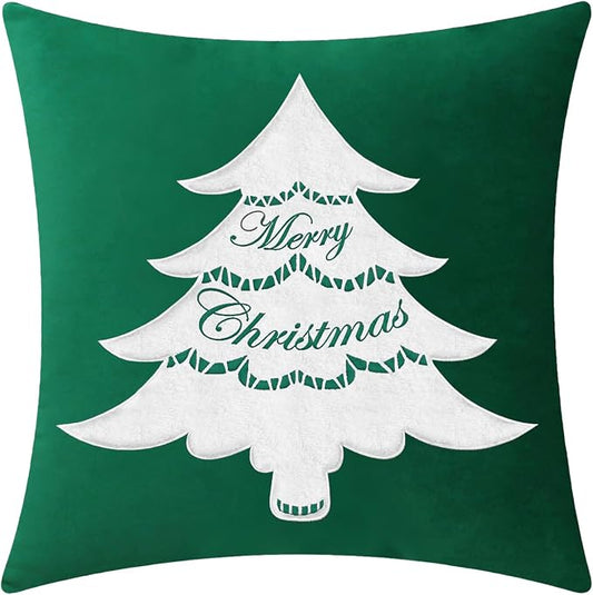 BRAWARM Christmas Pillow Cover 20 X 20 Inches, Christmas Green Christmas Tree Embroidered Pillow Cover, Soft Velvet Decorative Throw Pillow for Couch Bed Sofa Living Room Home