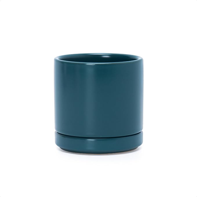 D'vine Dev 3.5 Inch Ceramic Planter Pot, Teal, 94-O-A-9 | Modern Cylinder Design, Drainage Hole & Saucer Included, Stable Structure, Elegant Home Accent
