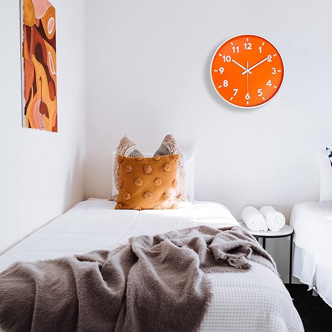JENLYSTIME 12 Inch 3D Number Modern Indoor/Outdoor Wall Clock,Round Bright Colorful Dial,Non Ticking Silent Quartz Battery Operated, Easy to Read Simple Style Decor Clock for Bedroom,Kitchen(Orange)