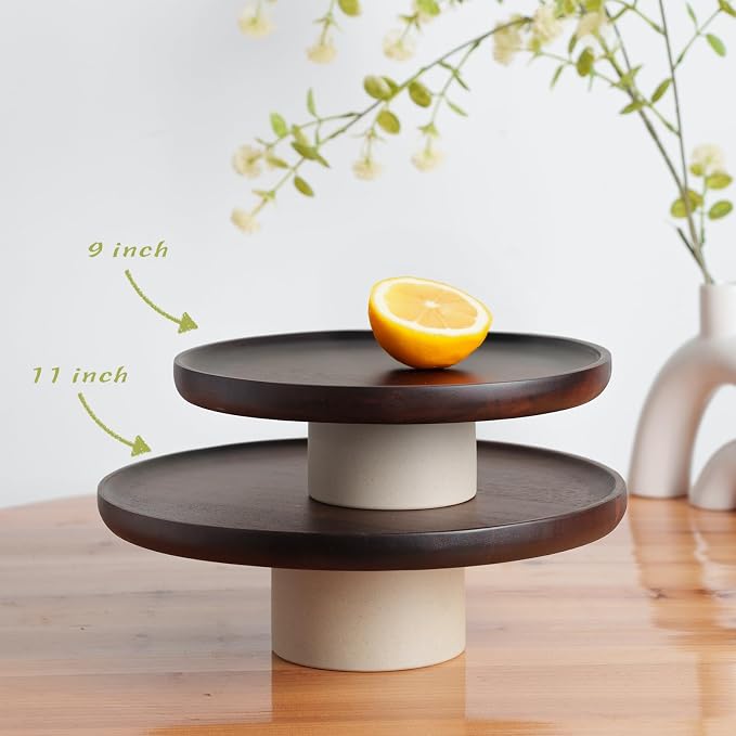 CEEFU 11 inch Rustic Acacia Wood Cake Stand Wedding Dessert Display | Natural Wooden Clay, Farmhouse Serving Stand for Cupcake Dessert Bites Display in Party, Birthday, Beautiful Kitchen Decor