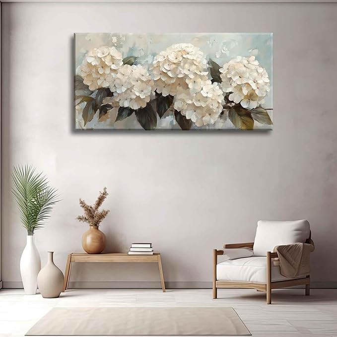 Large Hydrangea Canvas Wall Art 3D Texture White Flower Plant painting Decor Pictures Botanical Floral Posters Prints for Living Room Classroom Bedroom office corridor Decoration