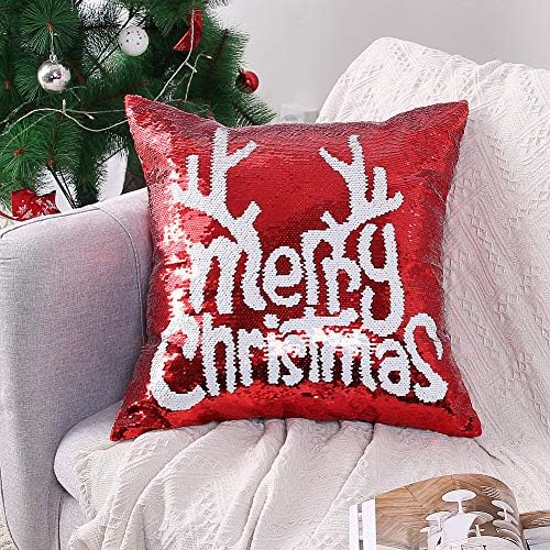 Reversible Sequins Pillow Case 18 x 18 Inch Christmas Sequin Pillow Covers Magic Red Mermaid Square Throw Decorative Pillowcase 2pcs (Red-Merry Christmas)