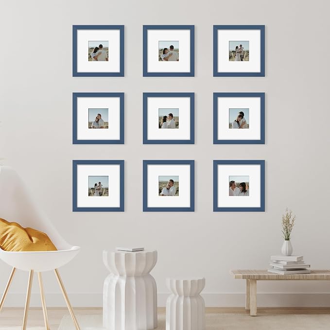 YESKAY 8x8 Picture Frame Set of 9, Photo Gallery Wall Frame Set, Display Pictures 4x4 with Mat or 8 x 8 Without Mat, Square Frame Picture Frames Collage Wall Decor, Blue