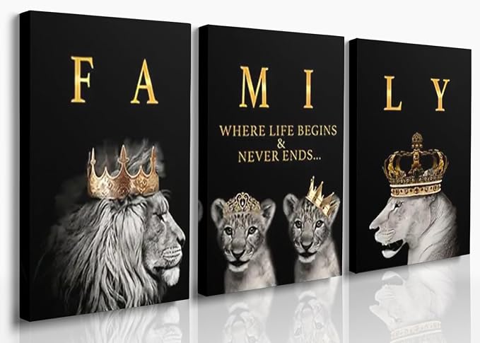 GUBIYU Family Where Life Begins Love Never Ends Word Sign Wall Decor,Black Gold Lion Art Home Decor Family Wall Art Decorations,Letters Quotes Posters for Living Room Bedroom Kitchen Decor 24"x36"