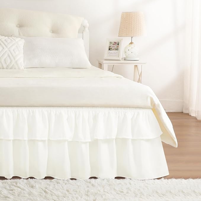 RIMELA Full Size Ruffle Bed Skirt 16 Inch Drop - Cream White Double Layered Wrap Around Dust Ruffle, Romantic Cute Design Bedskirt with High-Density Fabric, Soft Stretchy, Easy Install for Full Bed