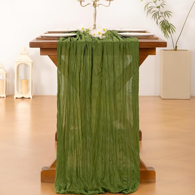 Cheesecloth Table Runner Fall Boho Wedding Birthday Party Home Decor | Moss Green Rustic Gauze 10FT 120in Cheese Cloth Sheer Farmhouse Dining Runner for Baby Shower Bridal Holiday Decorations