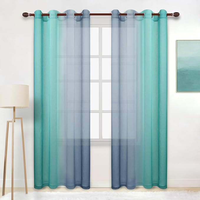 DWCN Ombre Sheer Curtains - Faux Linen Semi Voile Grommet Top Gradient Curtains for Bedroom and Living Room, Set of 2 Window Curtain Panels, 52 x 84 Inch Length（Denim Blue and Teal
