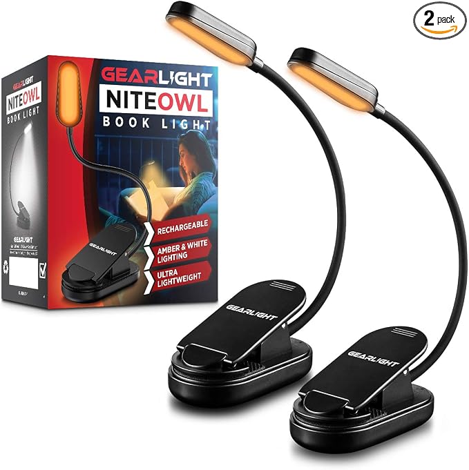 GearLight Rechargeable Book Light for Reading in Bed – Hands-Free LED Clip-on Lamp with 3 Light Modes, Adjustable Brightness, Flexible Neck Reading Light for Books, Laptops, and More – 2 Pack