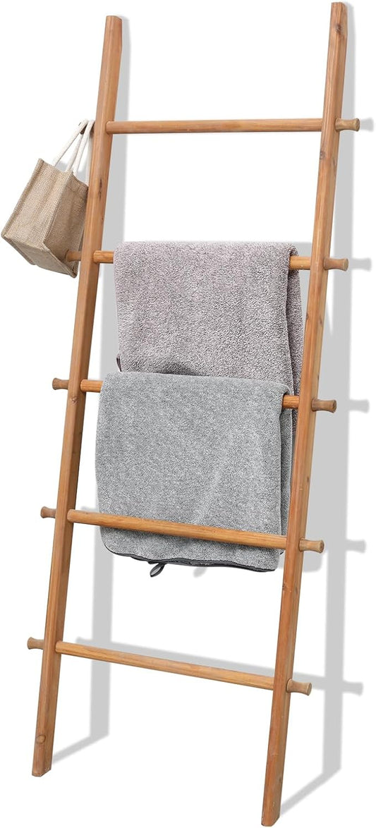 FUIN Blanket Ladder, 57in Rustic Extended Side Wood Decor Rack, Light Brown | 5 rungs, farmhouse quilt display holder, organize towel, hanging bags, leaning wall, bathroom and living room use
