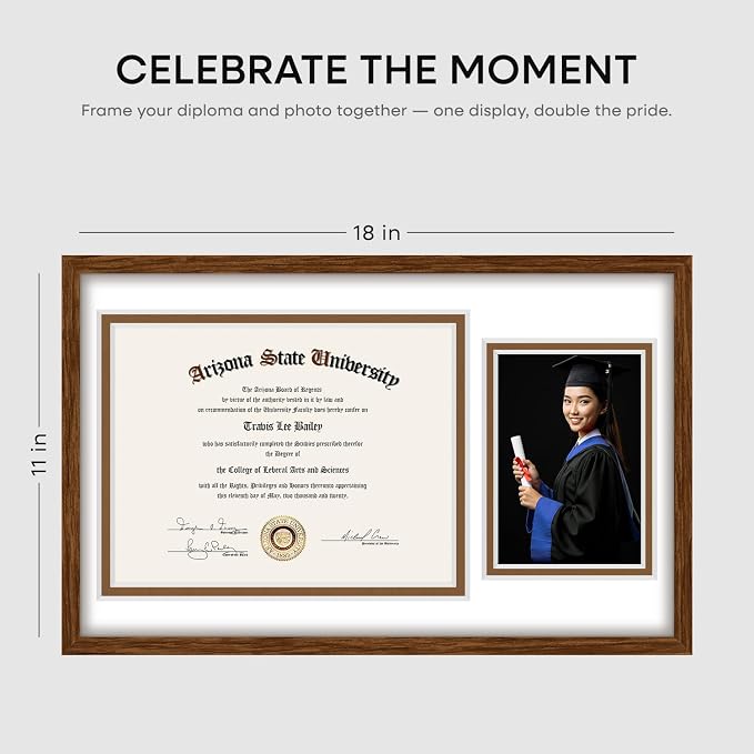 Homeforia 11x18 Brown Oak Diploma Frame, High-End Wood, 8.5x11 & 5x7 Mat