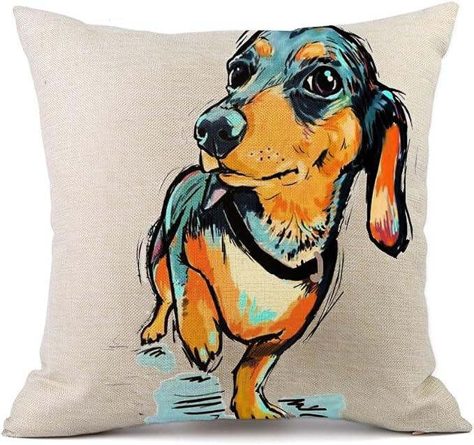 Cute Pet Animal Dachshund Dog Pattern Throw Pillow Covers Linen Cushion Cover Cases Pillowcases Car Sofa Home Decor 18”x 18”Inch (45 x 45cm)